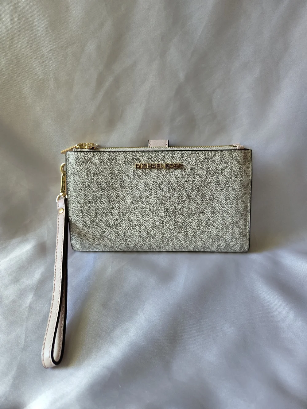 Michael Kors Double Zipper Wristlet Clutch Light Pink Strap